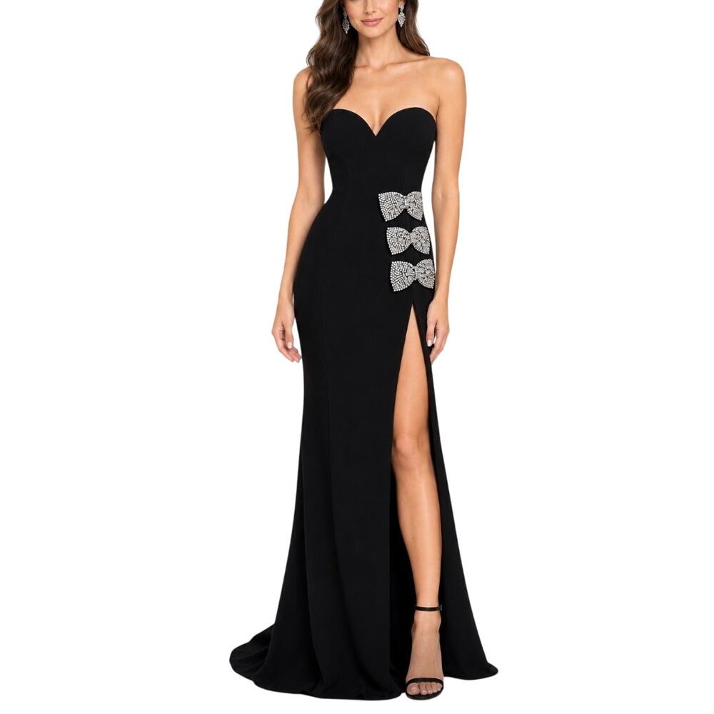 Jovani 44066A Black Evening Gown Strapless Beaded Bow Long Column Dress Size 6